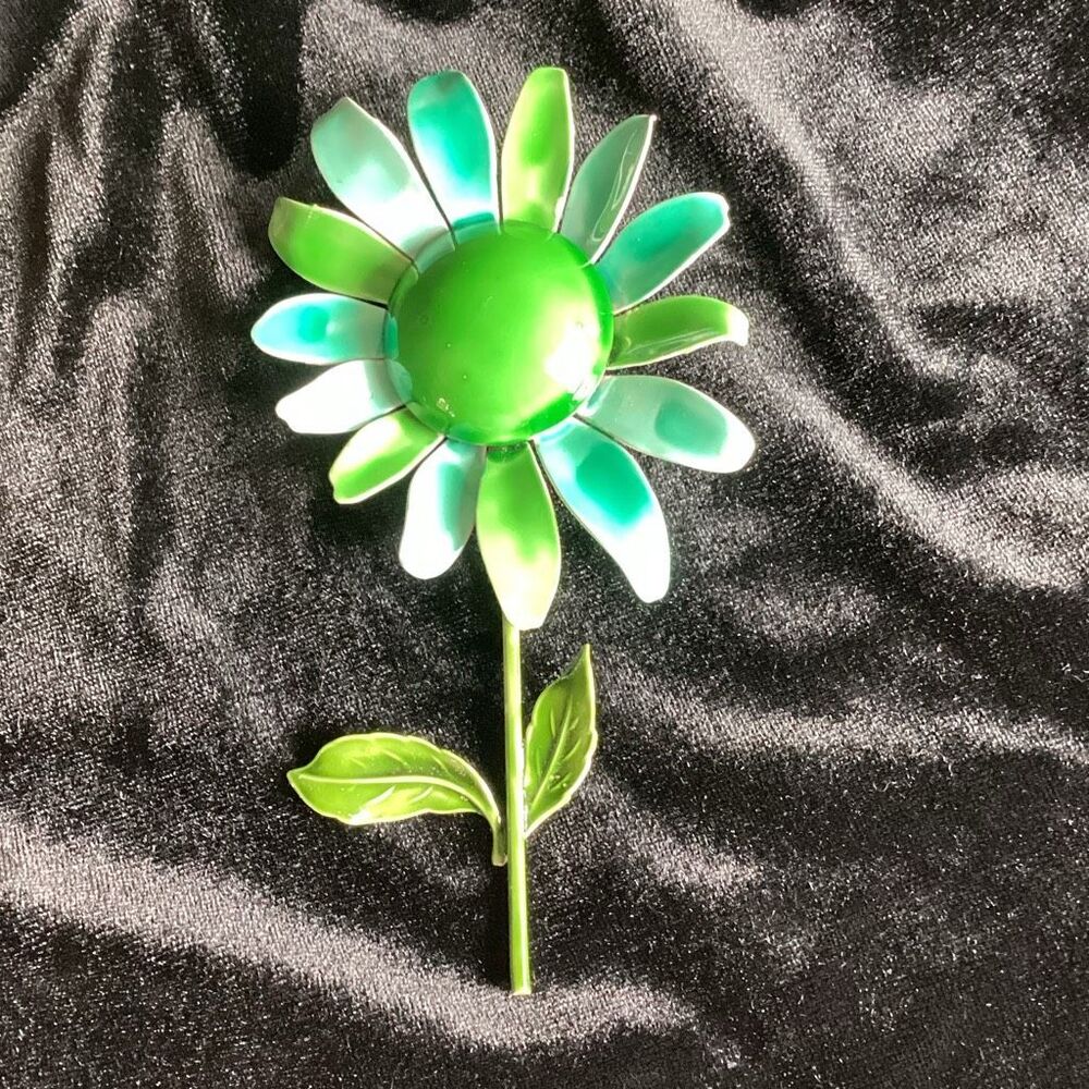 Vintage Enamel Green Blue Daisy Flower Pin Brooch Mid Century 1960’s